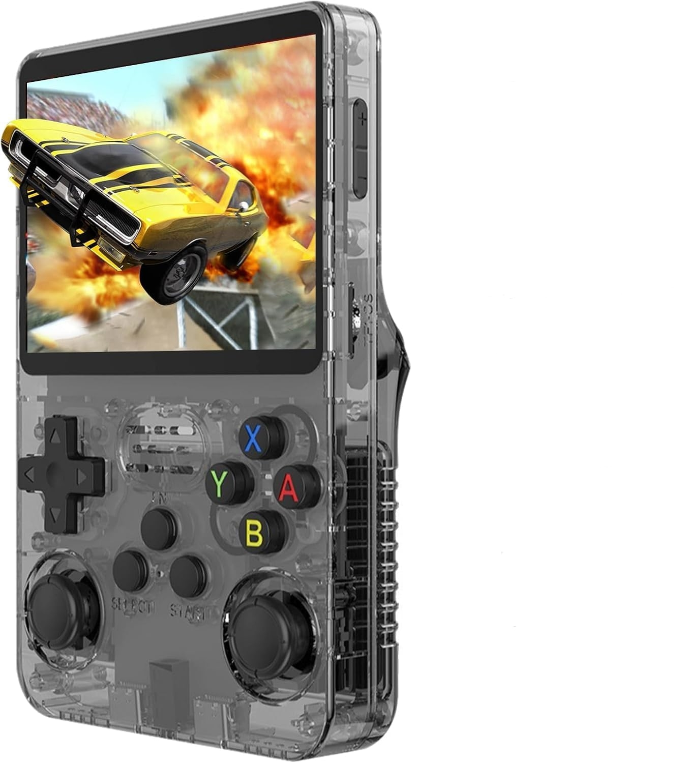 Ein Handheld-Gaming-Gerät mit einem gelben Auto, das in einer Explosion fliegt.