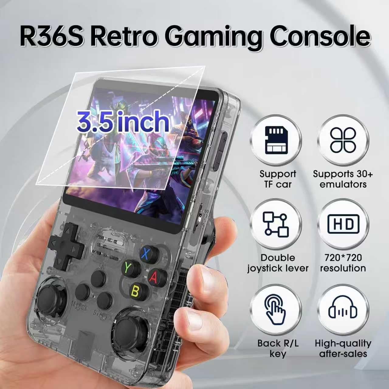 R36S Retro Gaming Konsole mit 3,5-Zoll-Bildschirm und Spielabbildung.