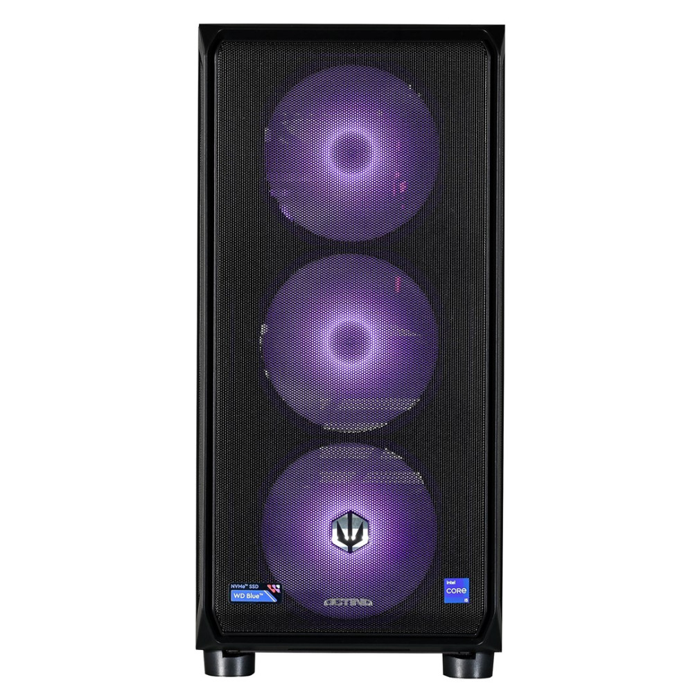 Czarna obudowa komputera z trzema fioletowymi podświetlanymi wentylatorami i logo.