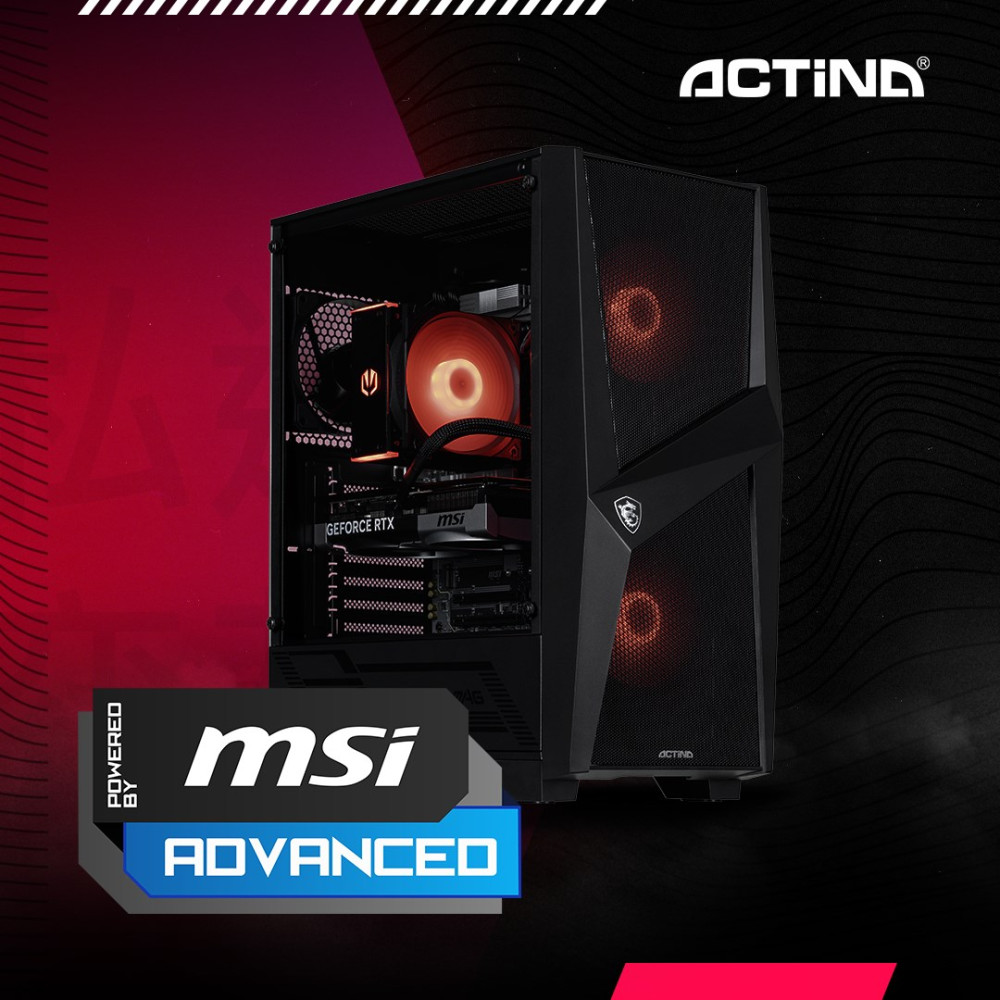 Czarny komputer gamingowy z podświetlanym wentylatorem, logo MSI i GeForce RTX.