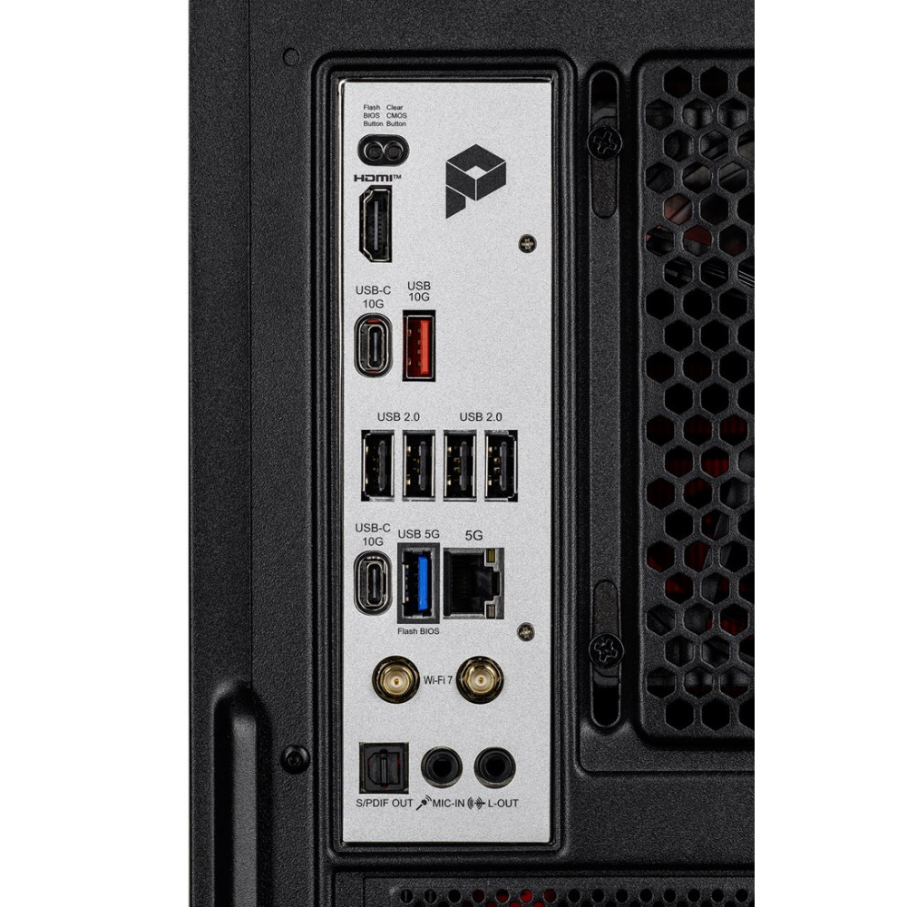 Tył komputera z portami HDMI, USB-C, USB 2.0, Wi-Fi 7 i audio.