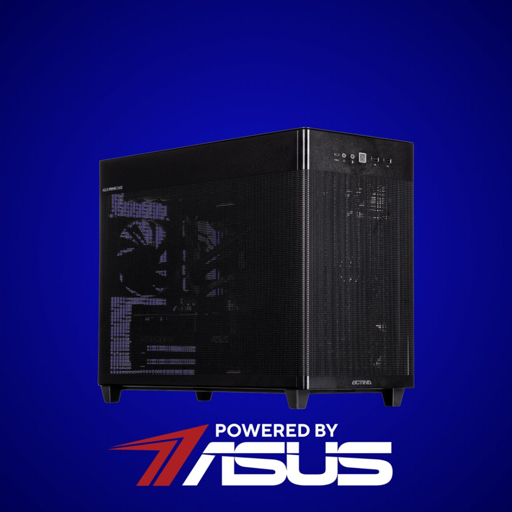 Czarna obudowa komputera z siatkowym przodem na niebieskim tle z logo ASUS.