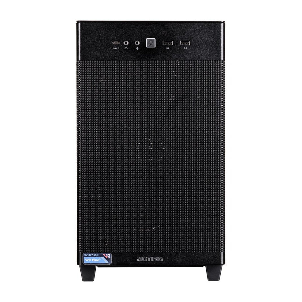 Tower del computer nero con porte frontali: USB-C, audio, alimentazione e USB 3.0.