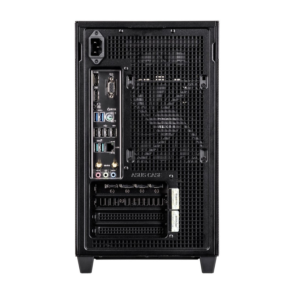 Retro di un case Asus nero con porte e griglia di ventilazione.