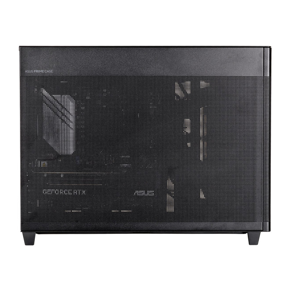Czarna obudowa PC ASUS z perforowanym panelem przednim pokazującym komponenty wewnętrzne.