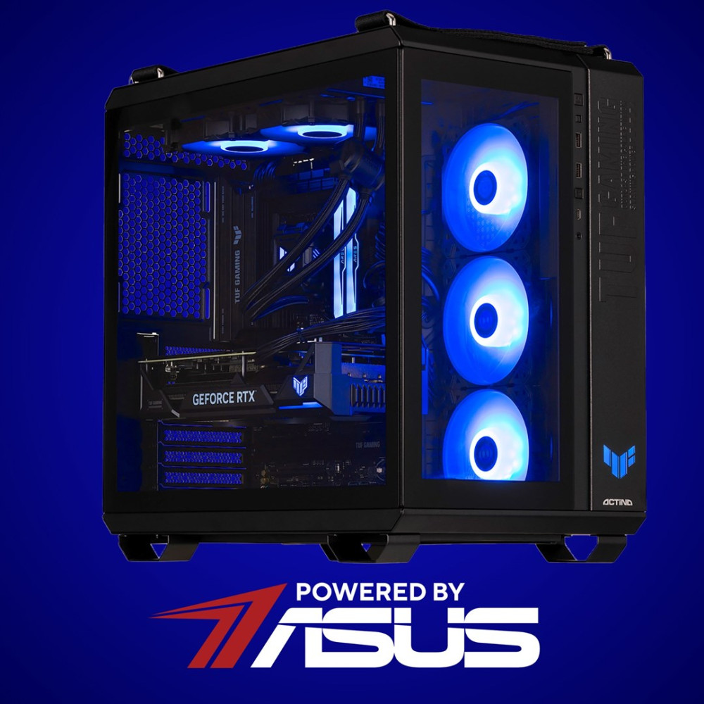 Un case PC nero con illuminazione LED blu dalla parte anteriore e superiore.