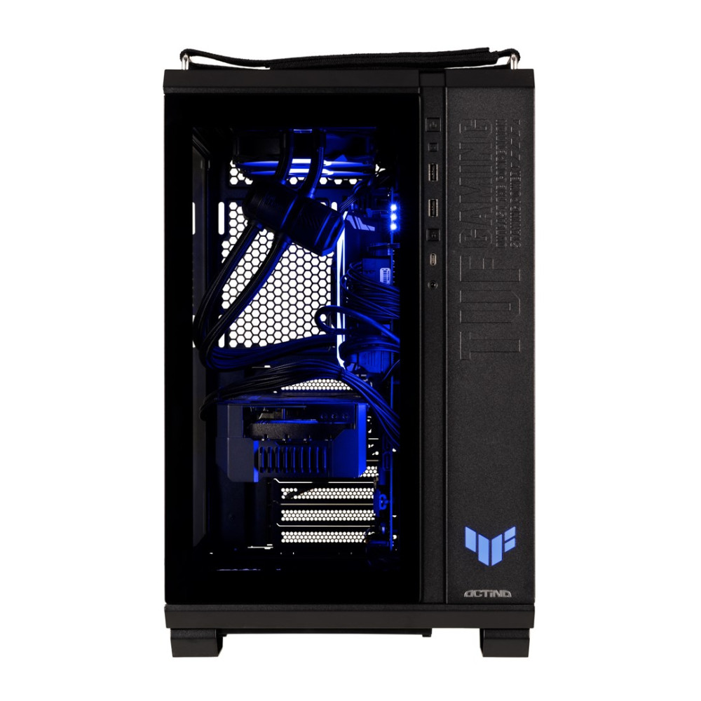 Case PC nero con frontale in vetro, interno illuminato di blu con cavi.
