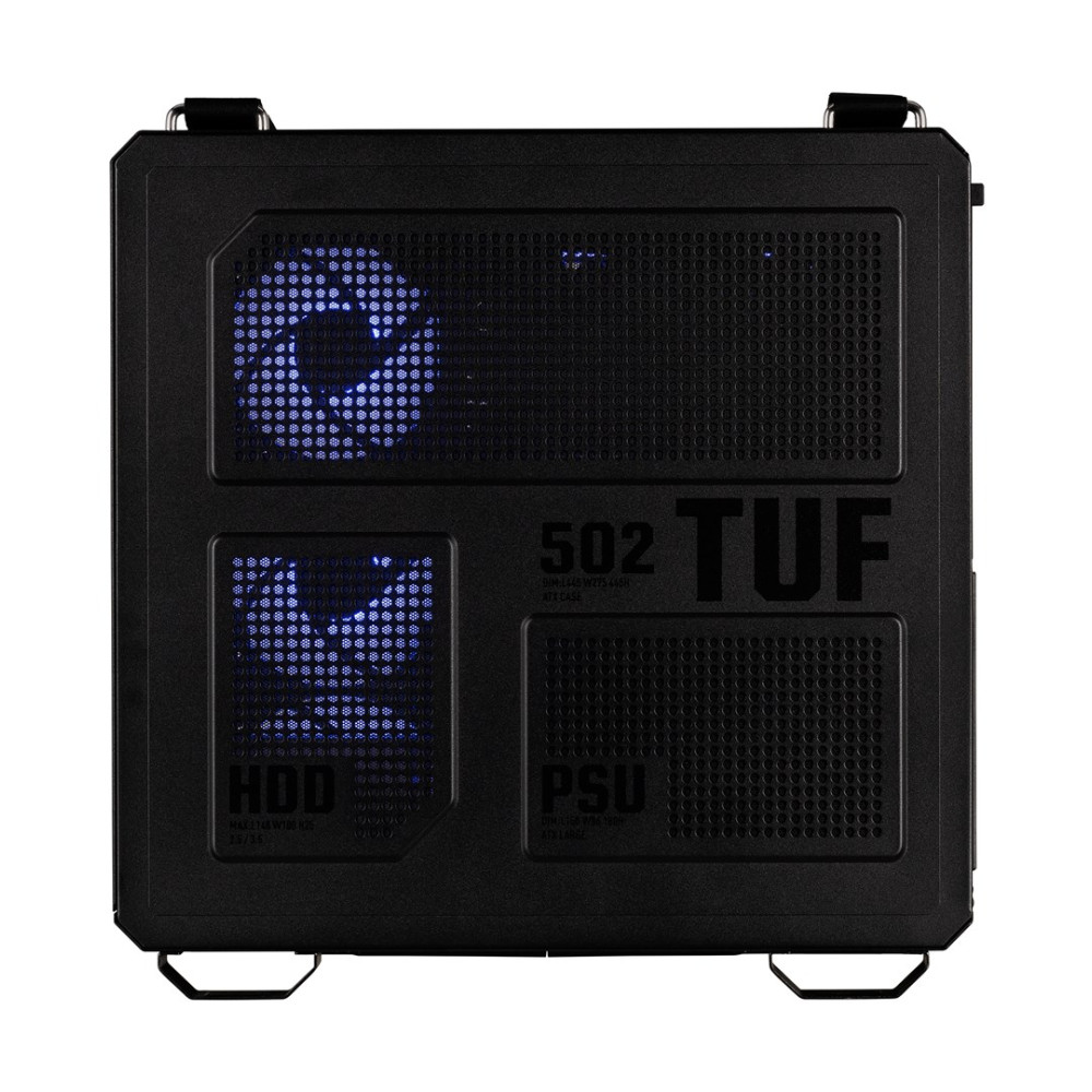 Case per computer nero con ventole illuminate di blu ed etichette.