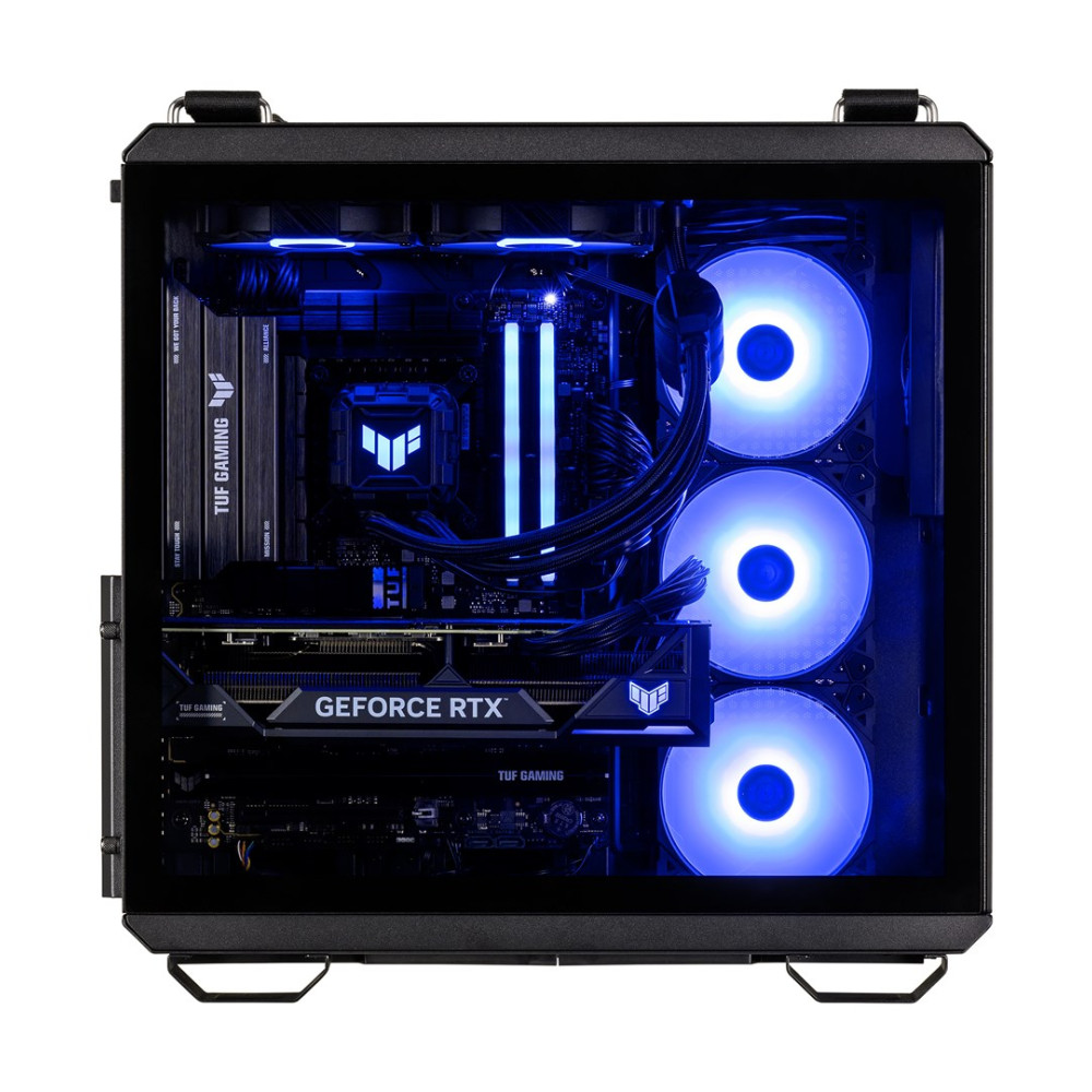 Un PC da gaming ad alte prestazioni con illuminazione LED blu. Presenta una scheda grafica GeForce RTX.