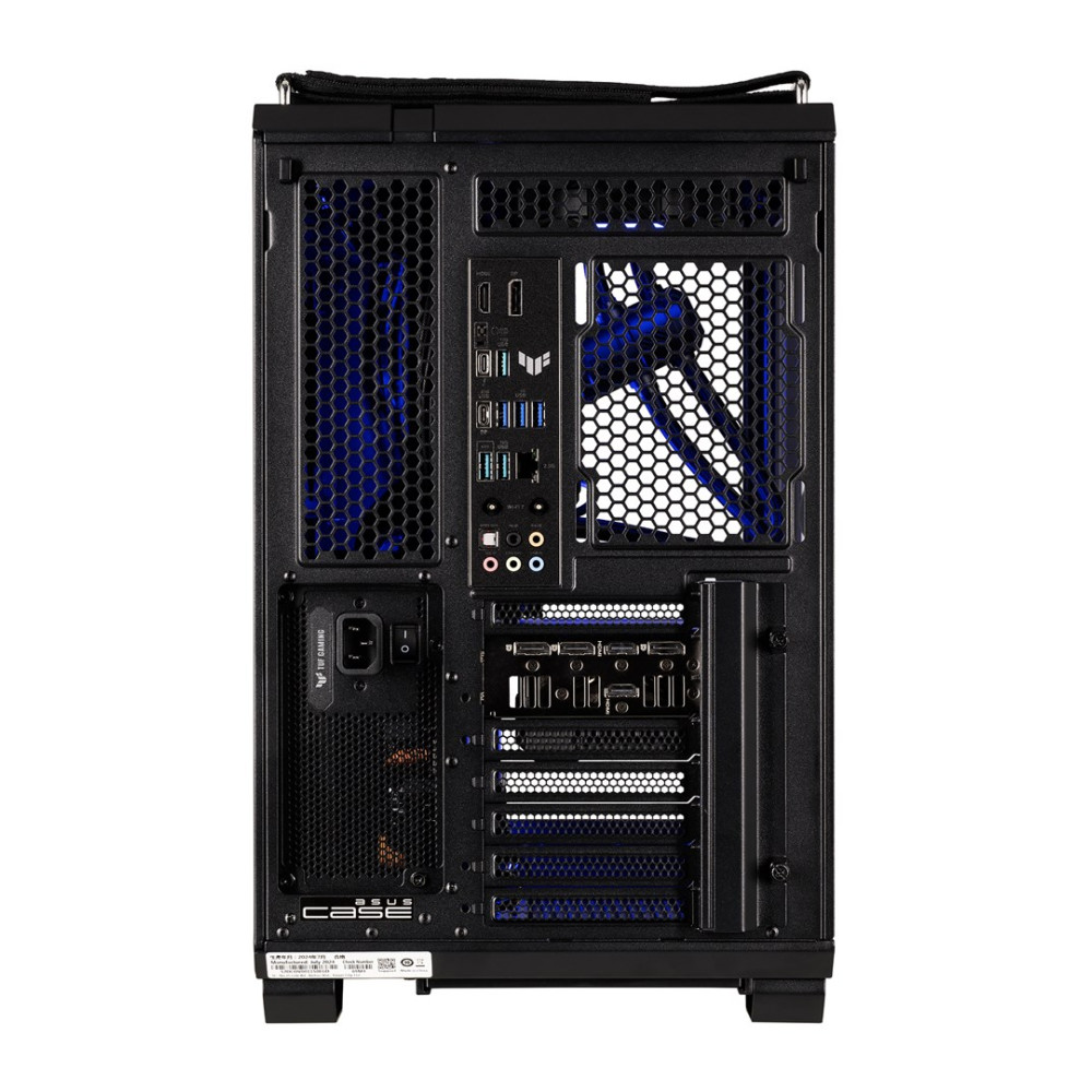 Retro di un case PC nero con ventole e porte blu.