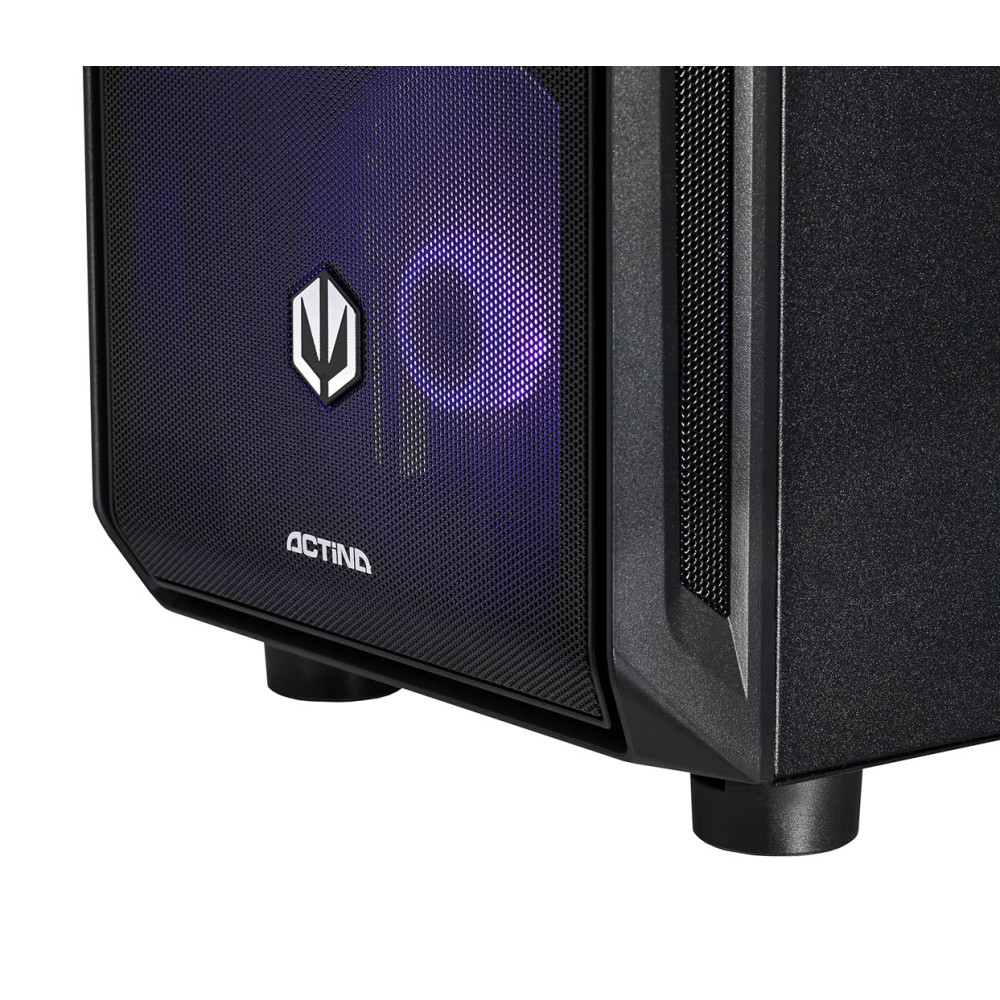 Un case per computer nero con illuminazione viola e logo argentato frontale.