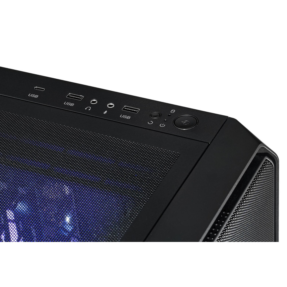 Case PC nero con luci blu, porte USB e pulsante di accensione.