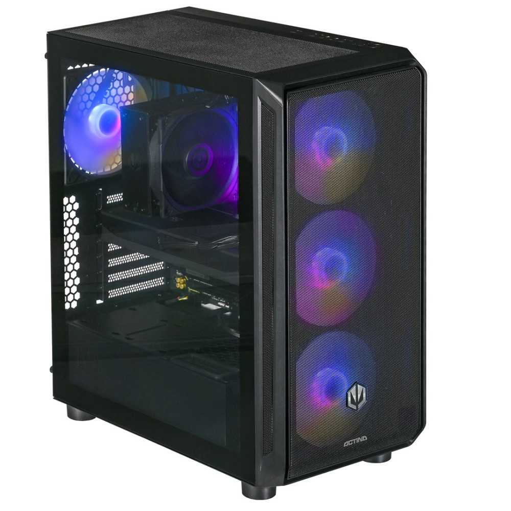 Czarna obudowa komputera z szklanym panelem bocznym i wentylatorami RGB.