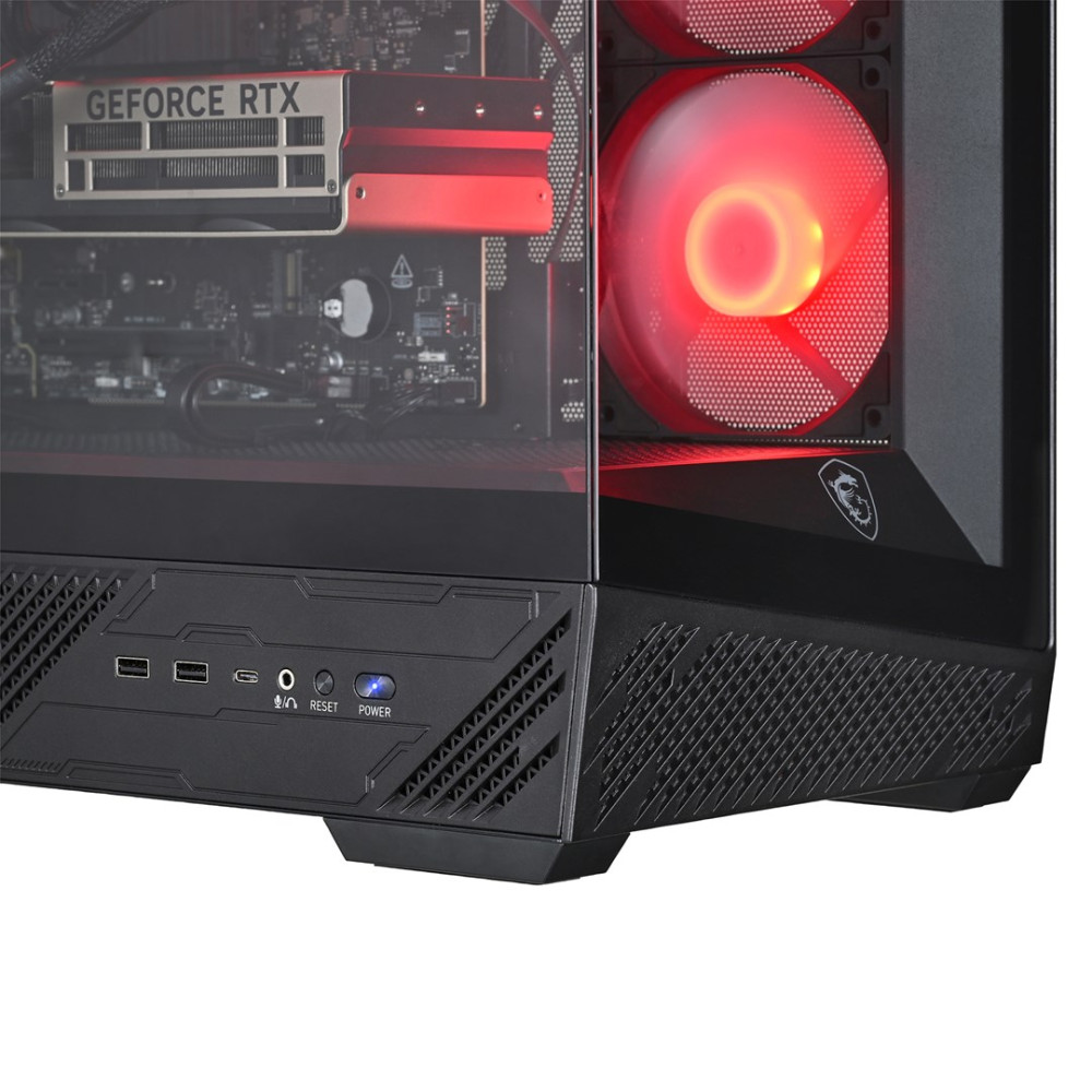 Czarna obudowa komputera z czerwonymi, świecącymi wentylatorami i widoczną kartą graficzną GeForce RTX.