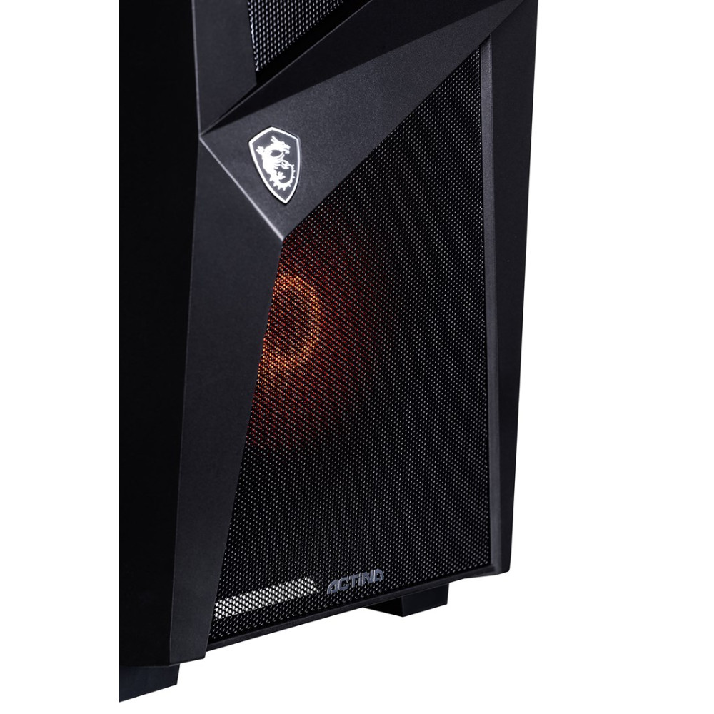 Case del computer nero con logo MSI e ventola arancione luminosa.