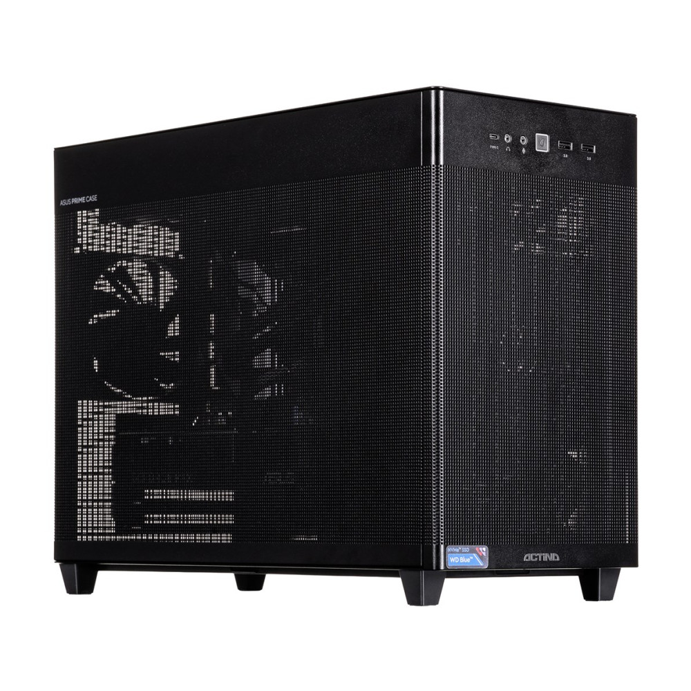 Case PC nero con frontale traforato e ventole visibili all'interno.