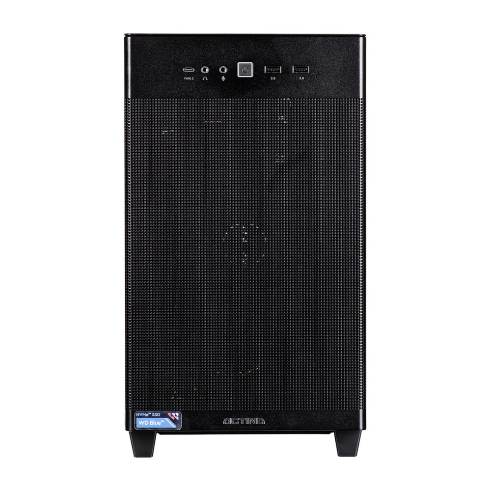 Case del computer nero con pulsante di accensione, porte USB e griglia di ventilazione.