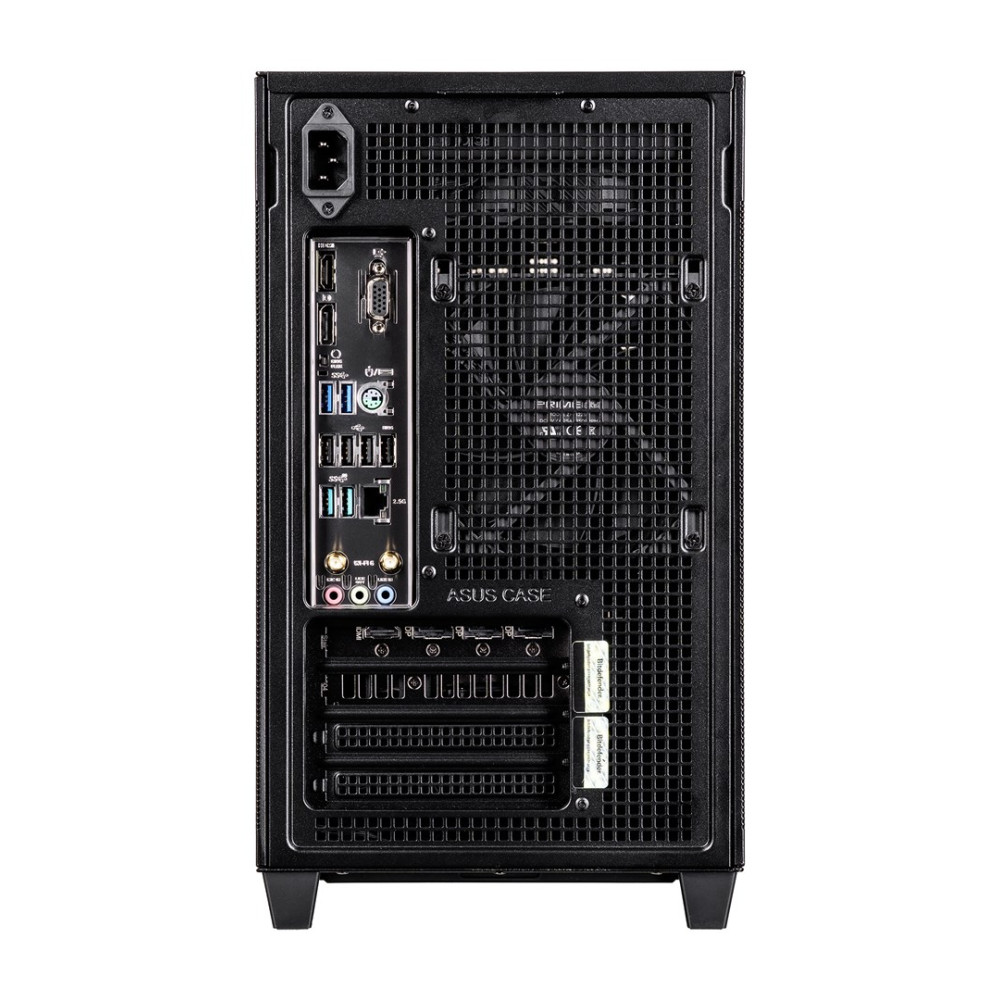 Vista posteriore di un case PC nero con numerose porte e griglie di ventilazione.