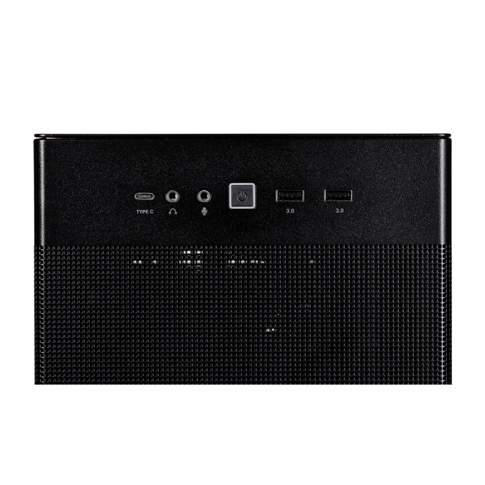 Pannello frontale case PC nero con USB-C, jack audio, pulsante di accensione e porte USB 3.0.