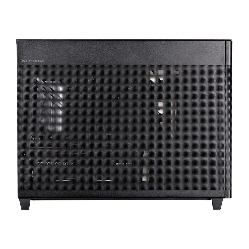 Case PC nero con frontale in rete, mostra componenti interni attraverso le perforazioni.