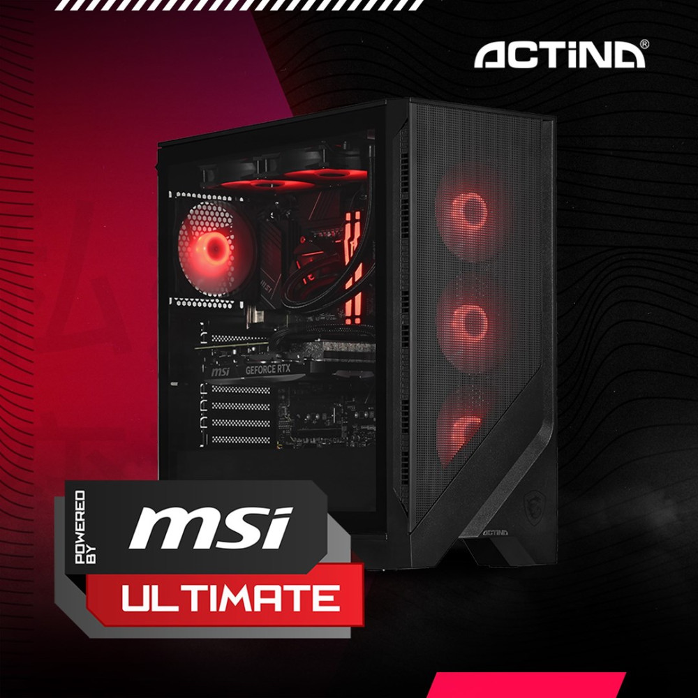 Czarny komputer gamingowy z czerwonymi światłami, logo MSI i napisem "Ultimate".