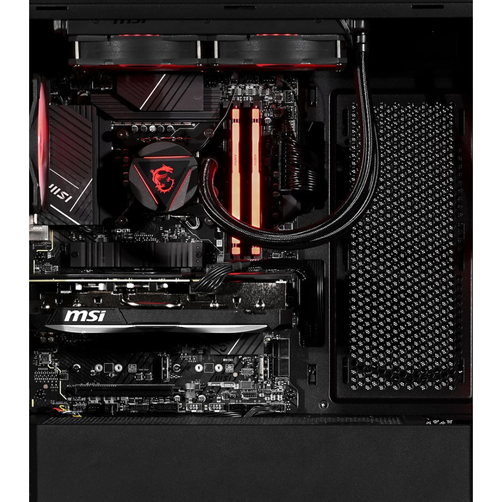 Wnętrze komputera: chłodzenie CPU, RAM, GPU, płyta główna i kable podświetlone na czerwono.