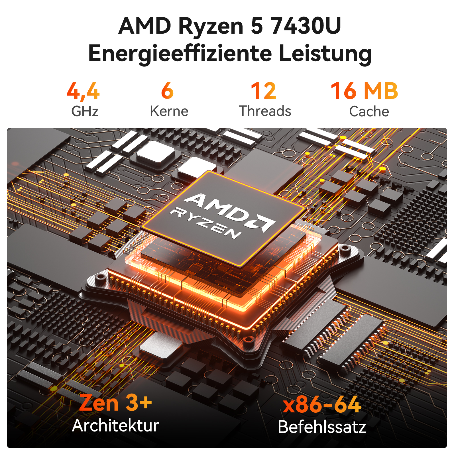 AMD Ryzen 5 7430U auf einer Leiterplatte mit orangefarbenen Akzenten.