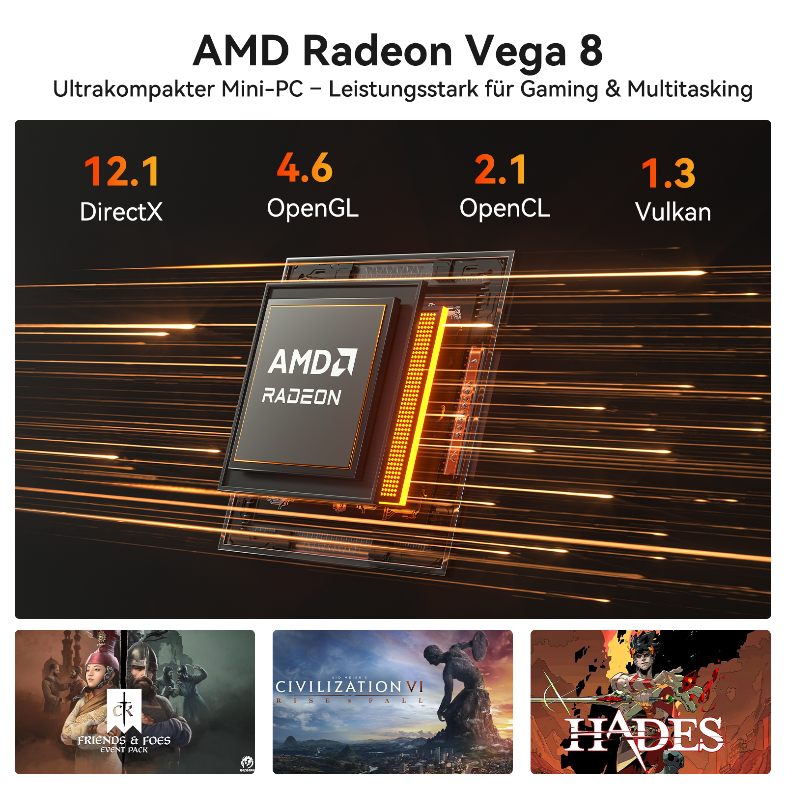 AMD Radeon Vega 8 PC-Komponente mit Leistungsdaten und Spielcovern.
