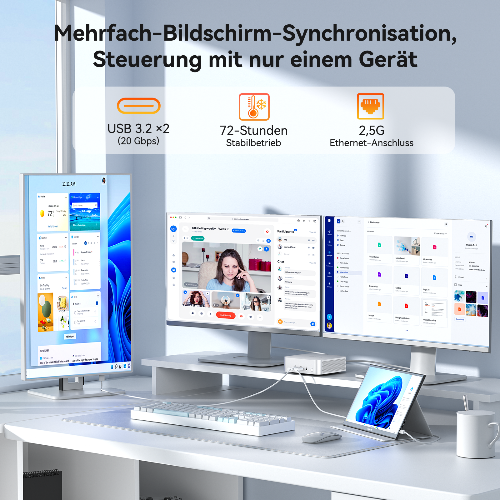 Mehrere Bildschirme synchronisiert, gesteuert von einem Gerät mit USB 3.2, 72h Akku.