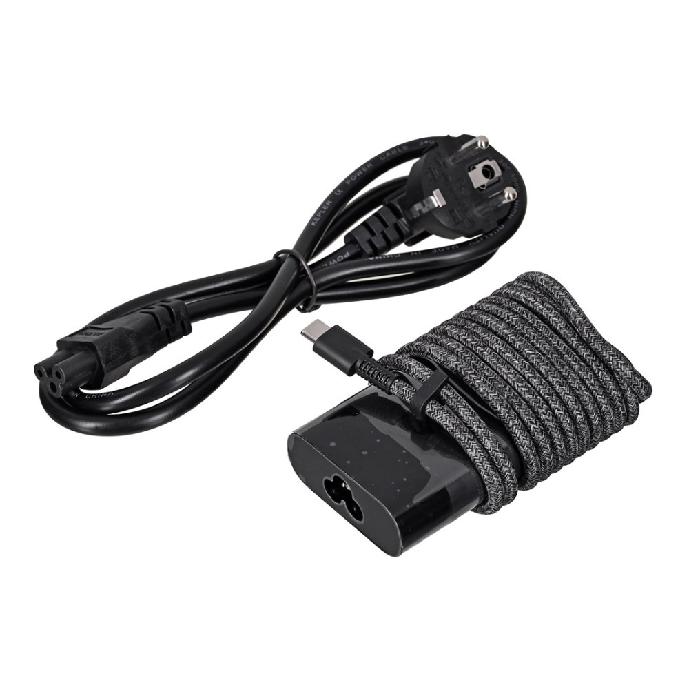 Czarny zasilacz z dwoma kablami, jeden z wtyczką europejską i USB-C.