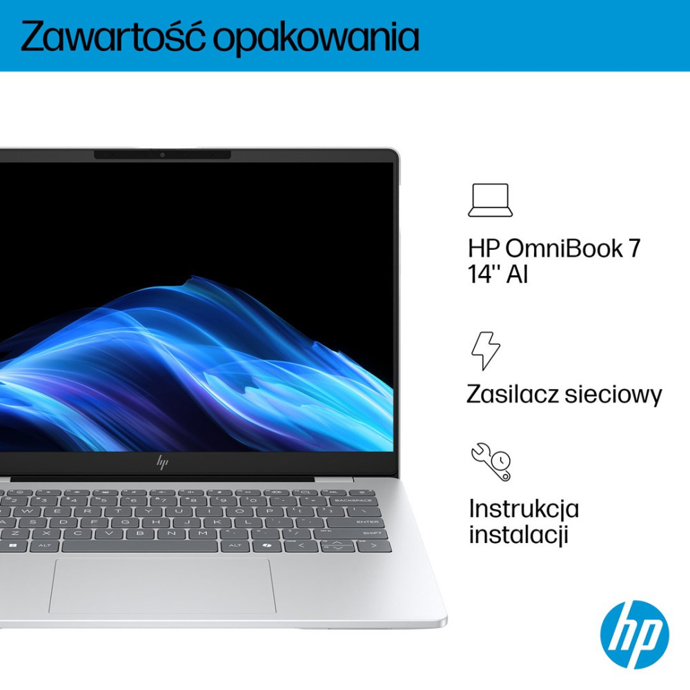 Srebrny laptop HP OmniBook 7 z niebieską abstrakcyjną tapetą na ekranie.