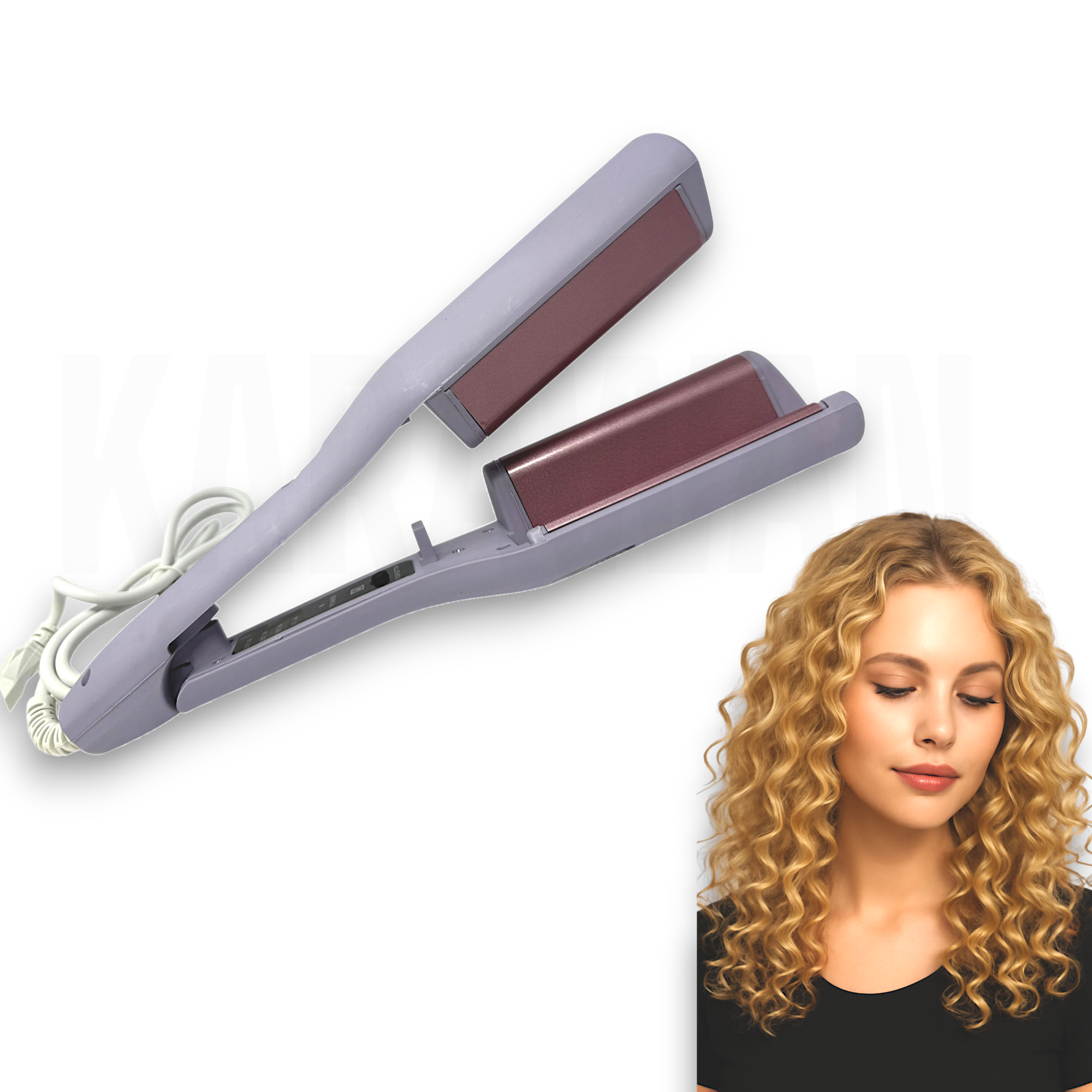 Una plancha de pelo morada yace junto a una mujer con rizos rubios.