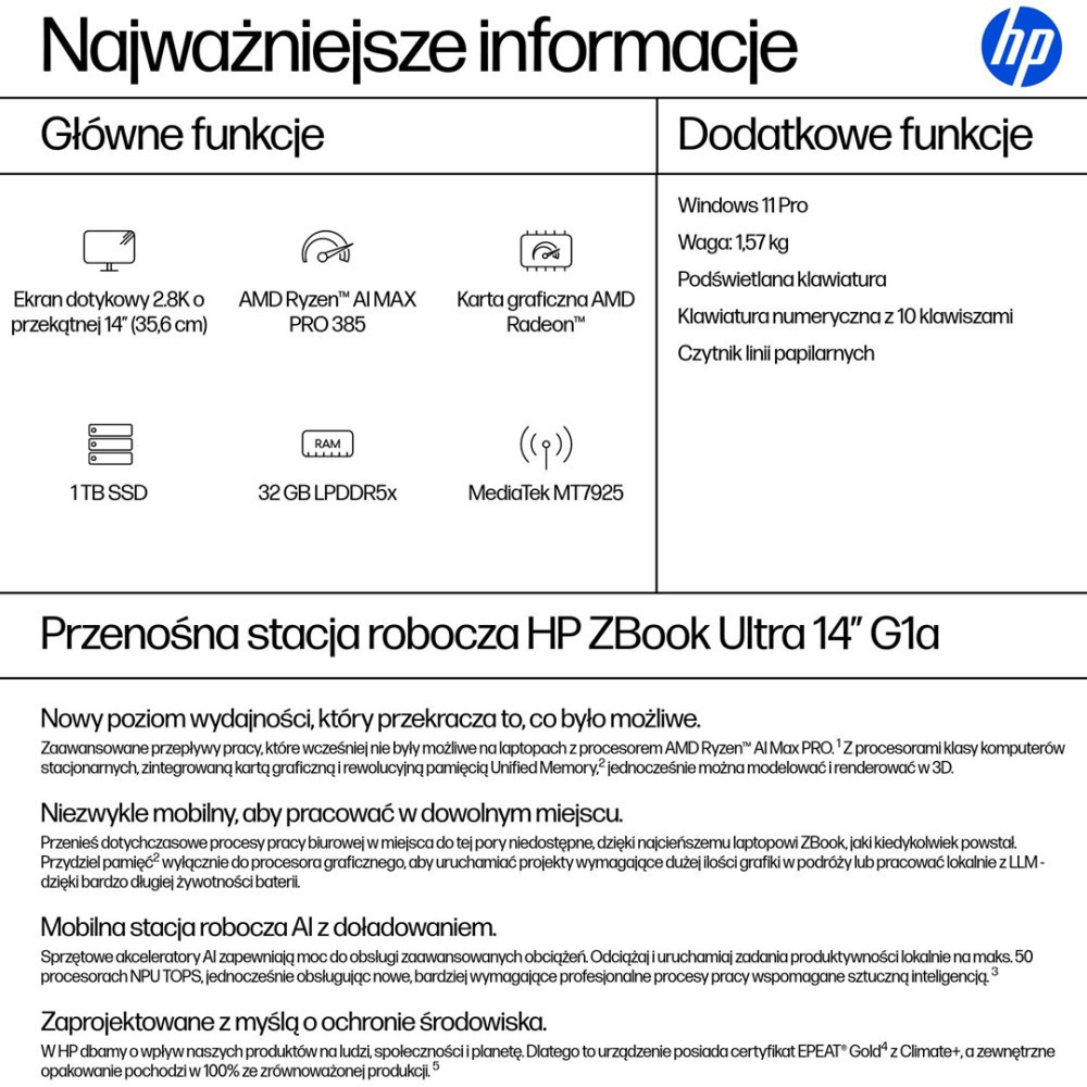 HP ZBook Ultra 14 G1a: Ekran 14" 2.8K dotykowy, Ryzen Al Max Pro 385, 1TB SSD, 32GB RAM, Win 11 Pro.