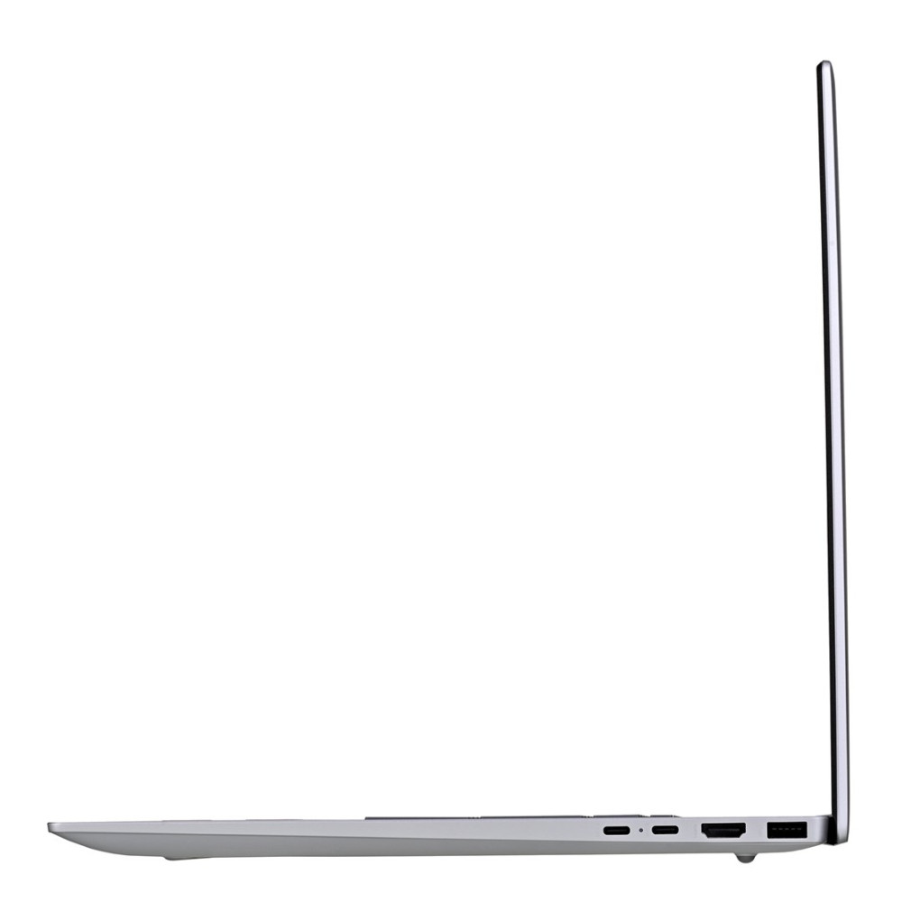 Srebrny laptop w profilu bocznym na białym tle. Widoczne porty.