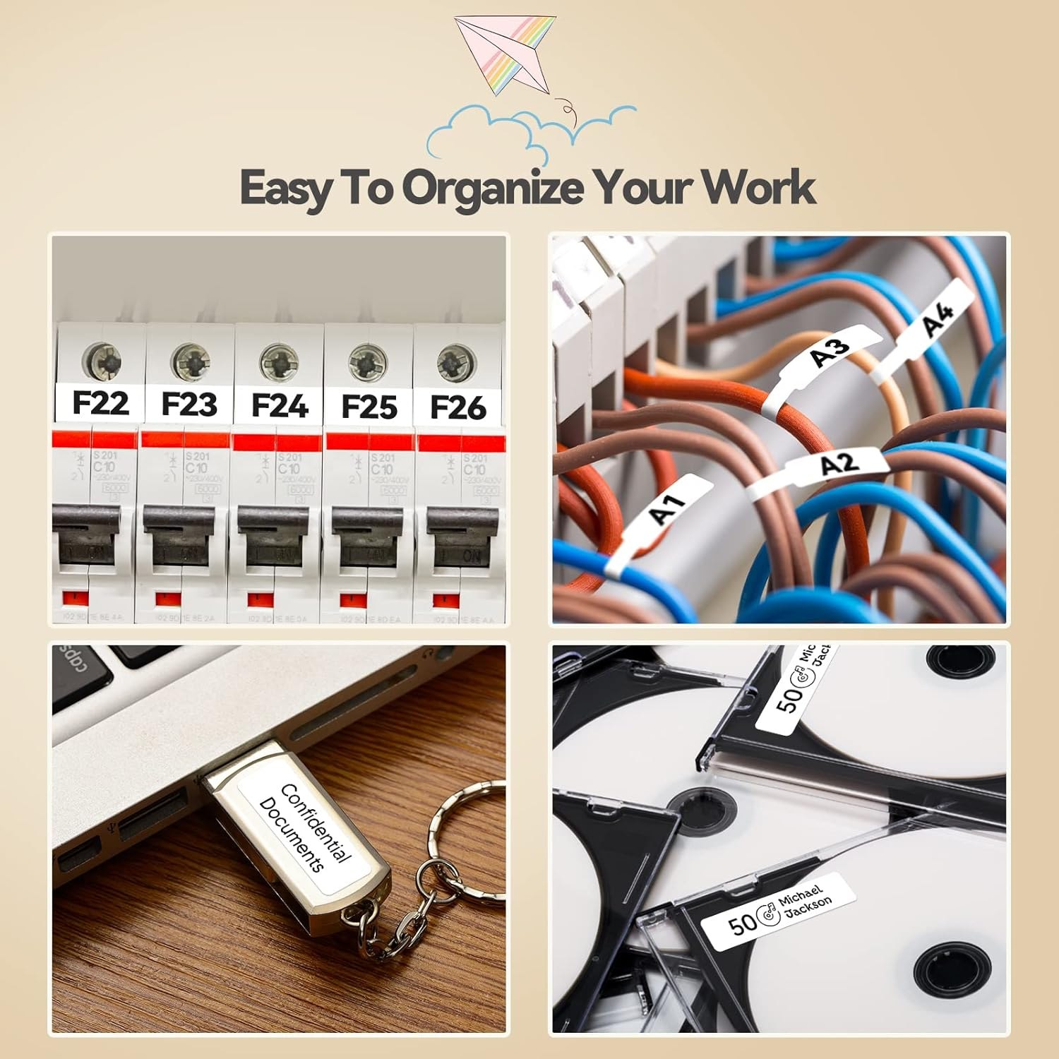 Beschriftete Sicherungen, Kabel, USB-Stick und CDs für Organisation.