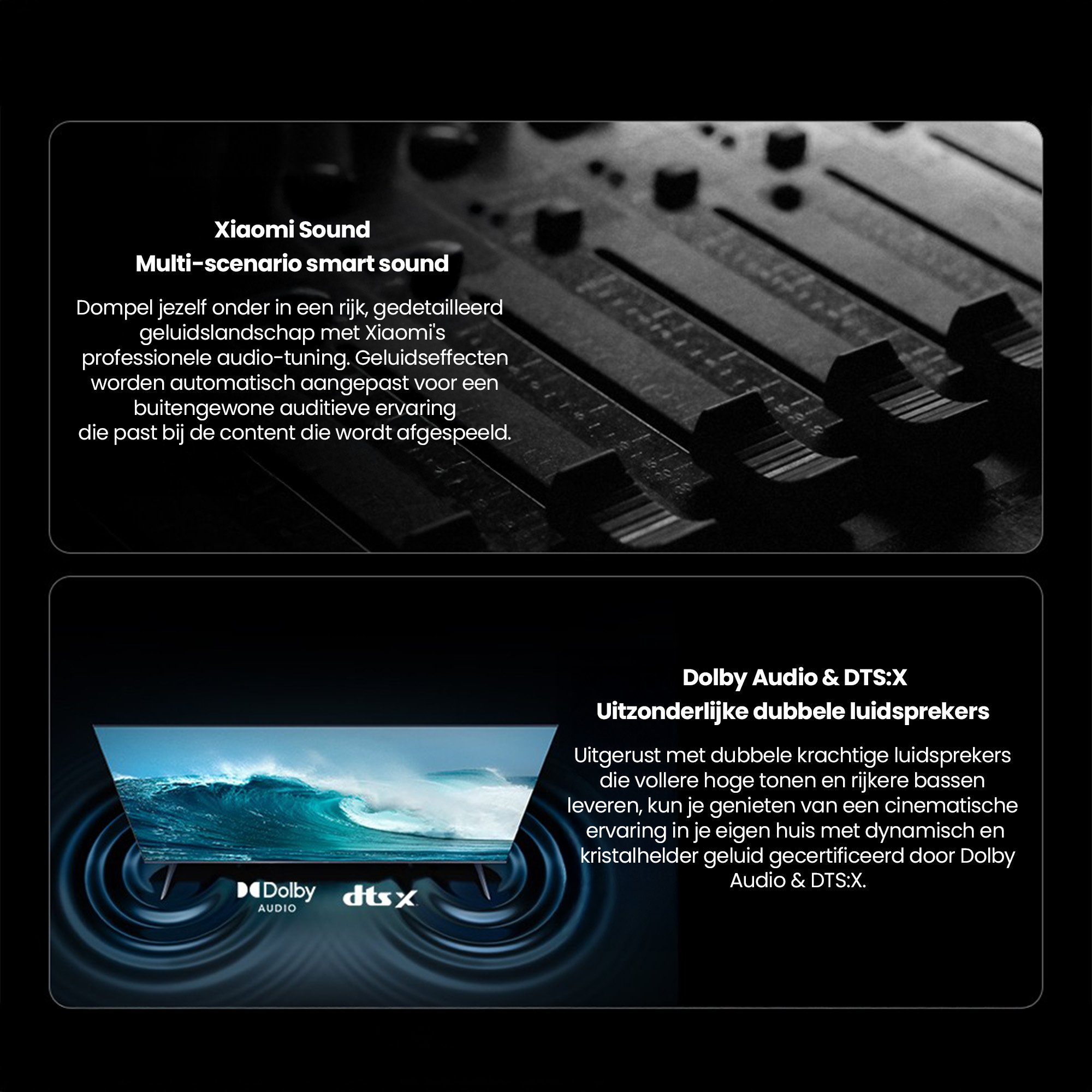 Konsola mikserska z suwakami i telewizor wyświetlający fale. Dźwięk Xiaomi i Dolby Audio.