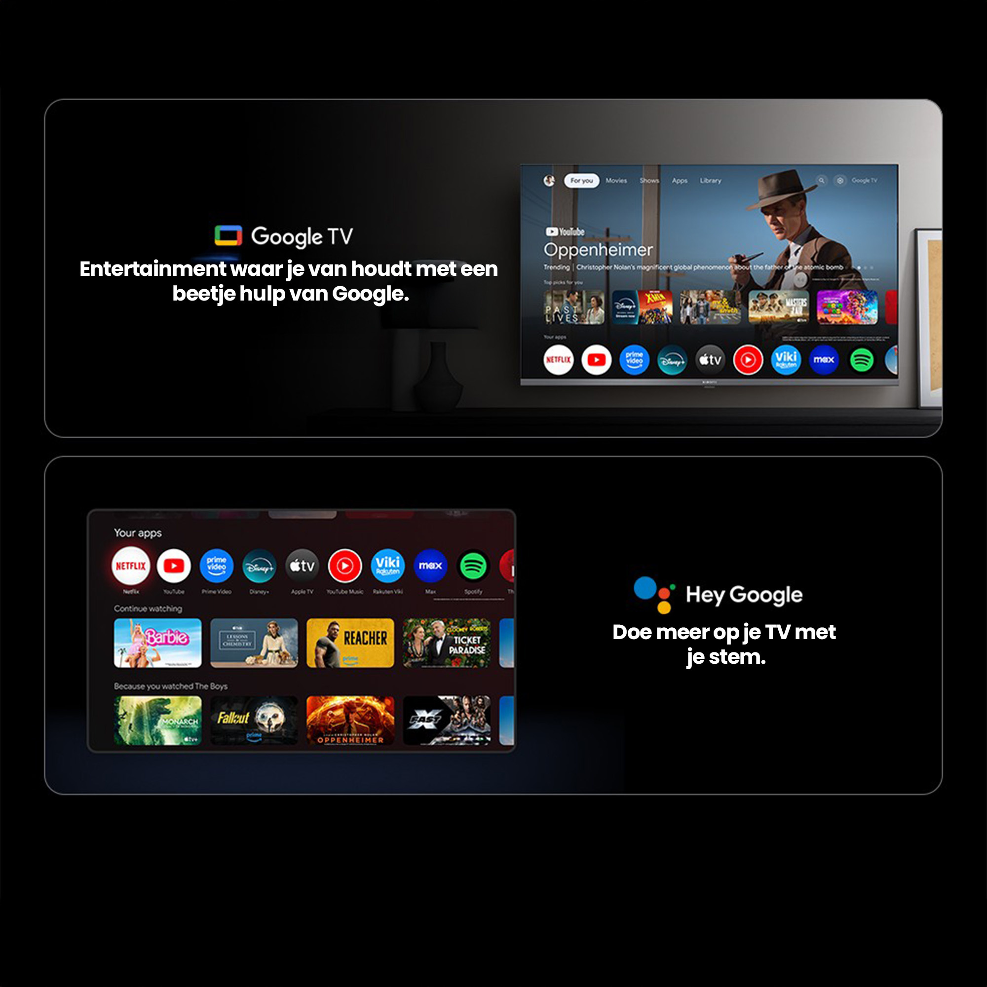 Google TV: Ekran główny z filmami, aplikacjami i filmem 'Oppenheimer'. Na dole: lista aplikacji i komunikat Hey Google.