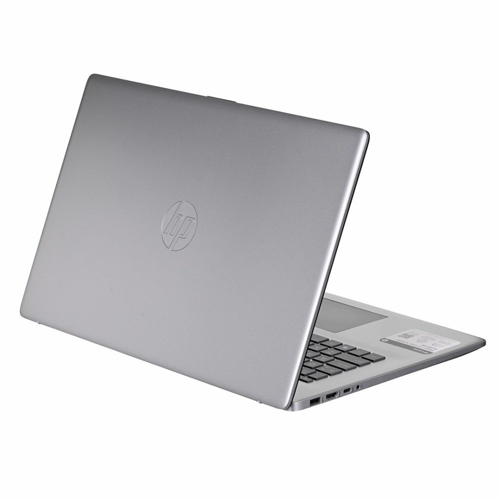 Srebrny laptop HP z zamkniętą pokrywą, z logo na górze.
