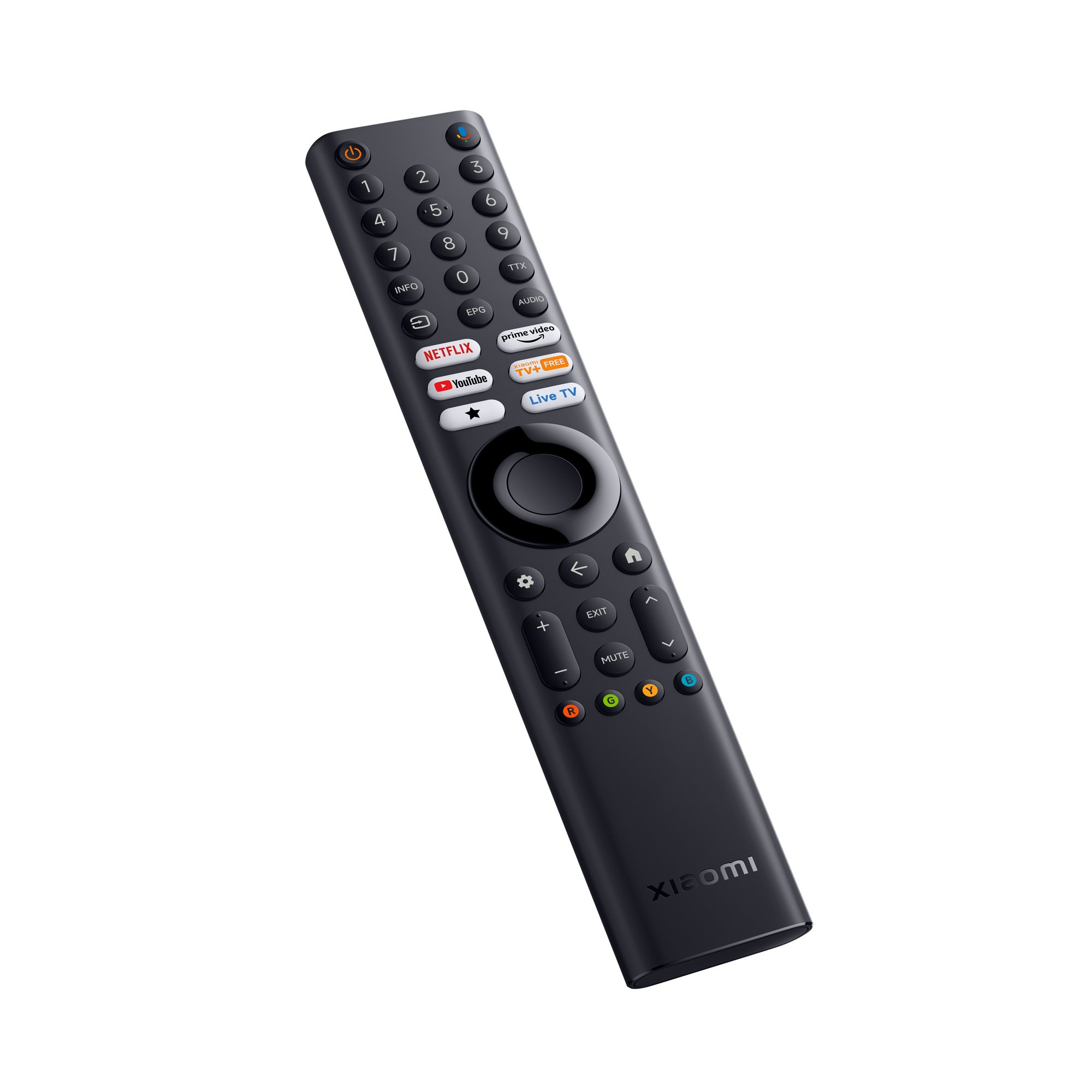 Czarny pilot TV Xiaomi z numerowanymi przyciskami, skrótami do aplikacji i sterowaniem.