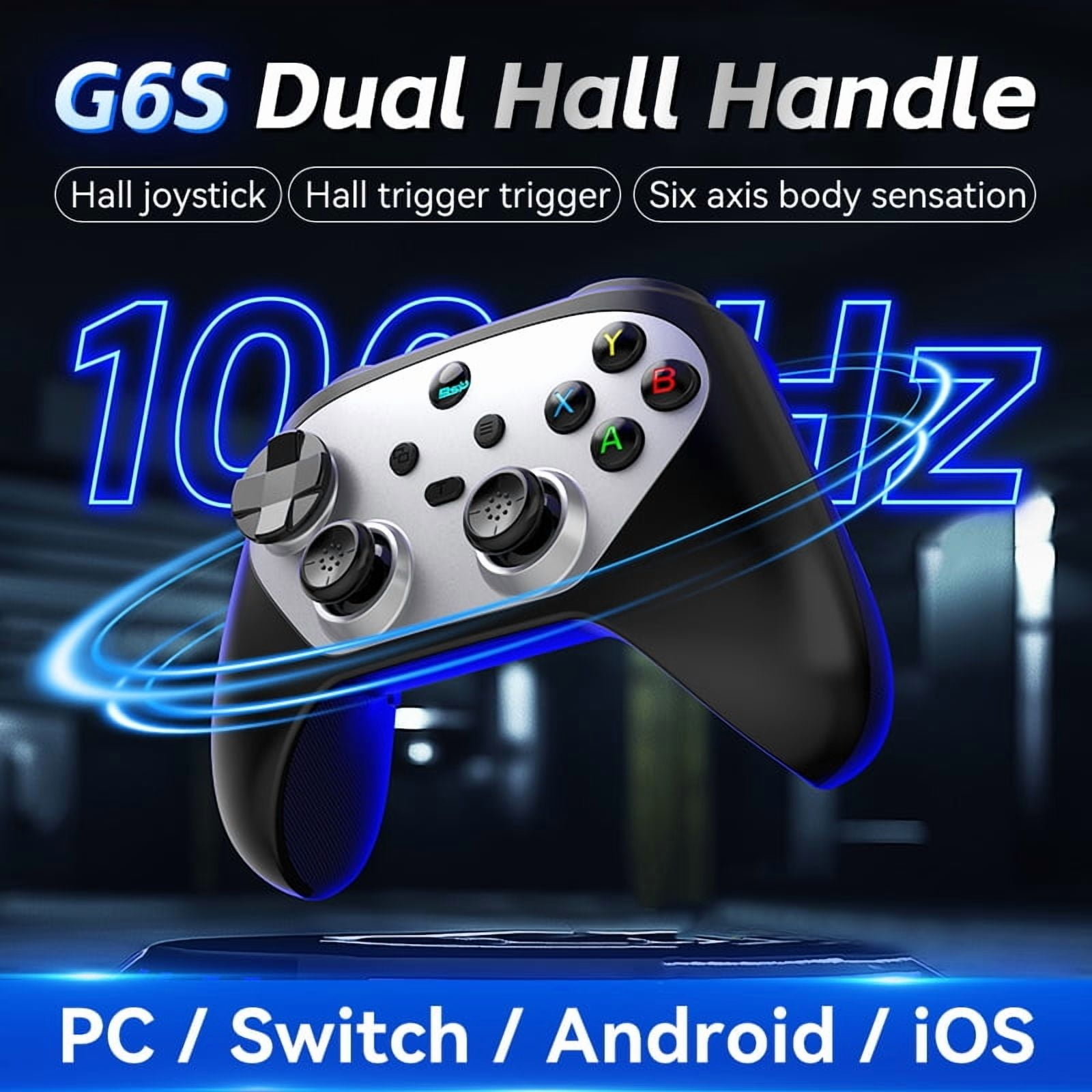 Ein schwarzer und silberner Gamecontroller mit blauen Lichteffekten und Text.