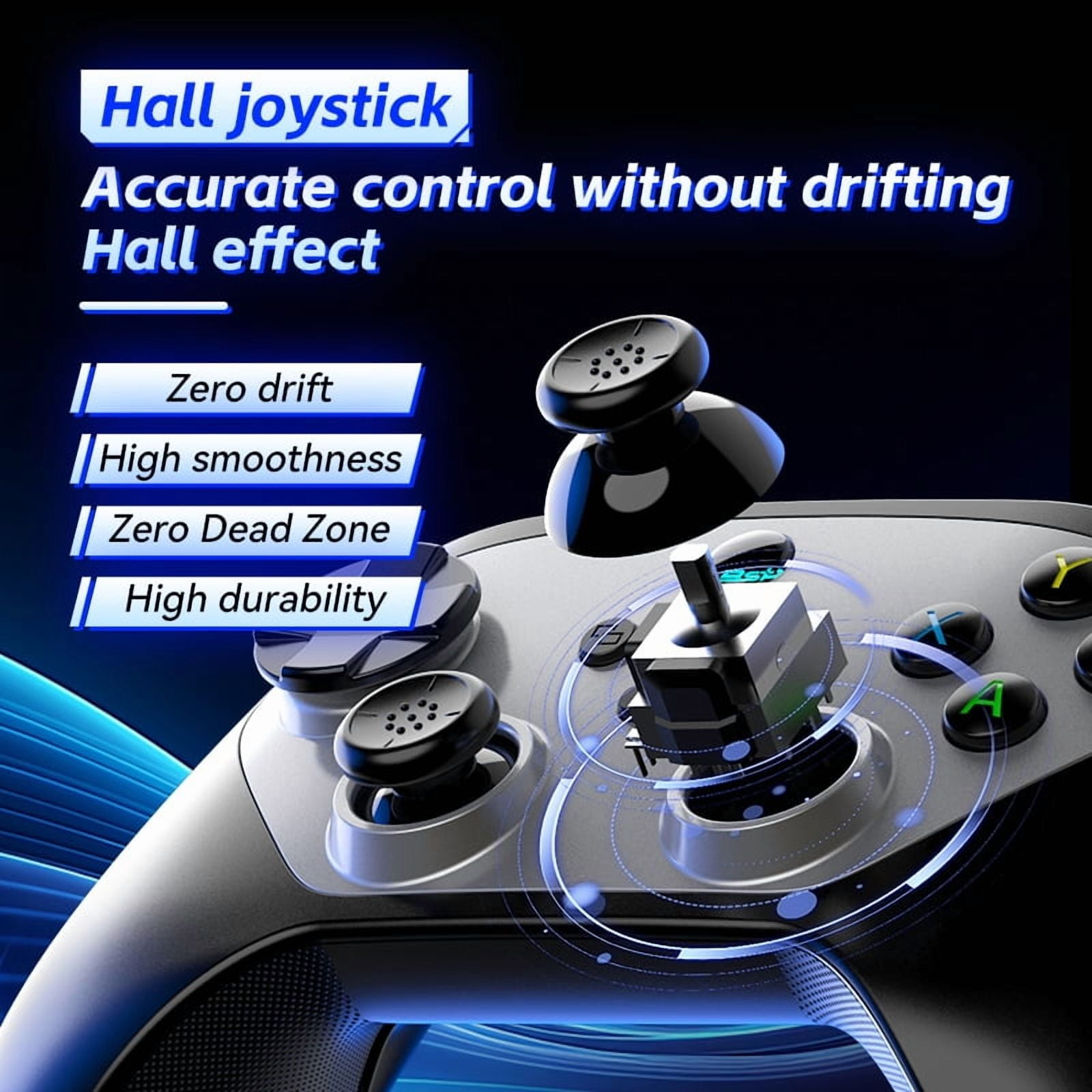 Ein schwarzer Gaming-Controller mit detaillierter Ansicht eines Hall-Joysticks.
