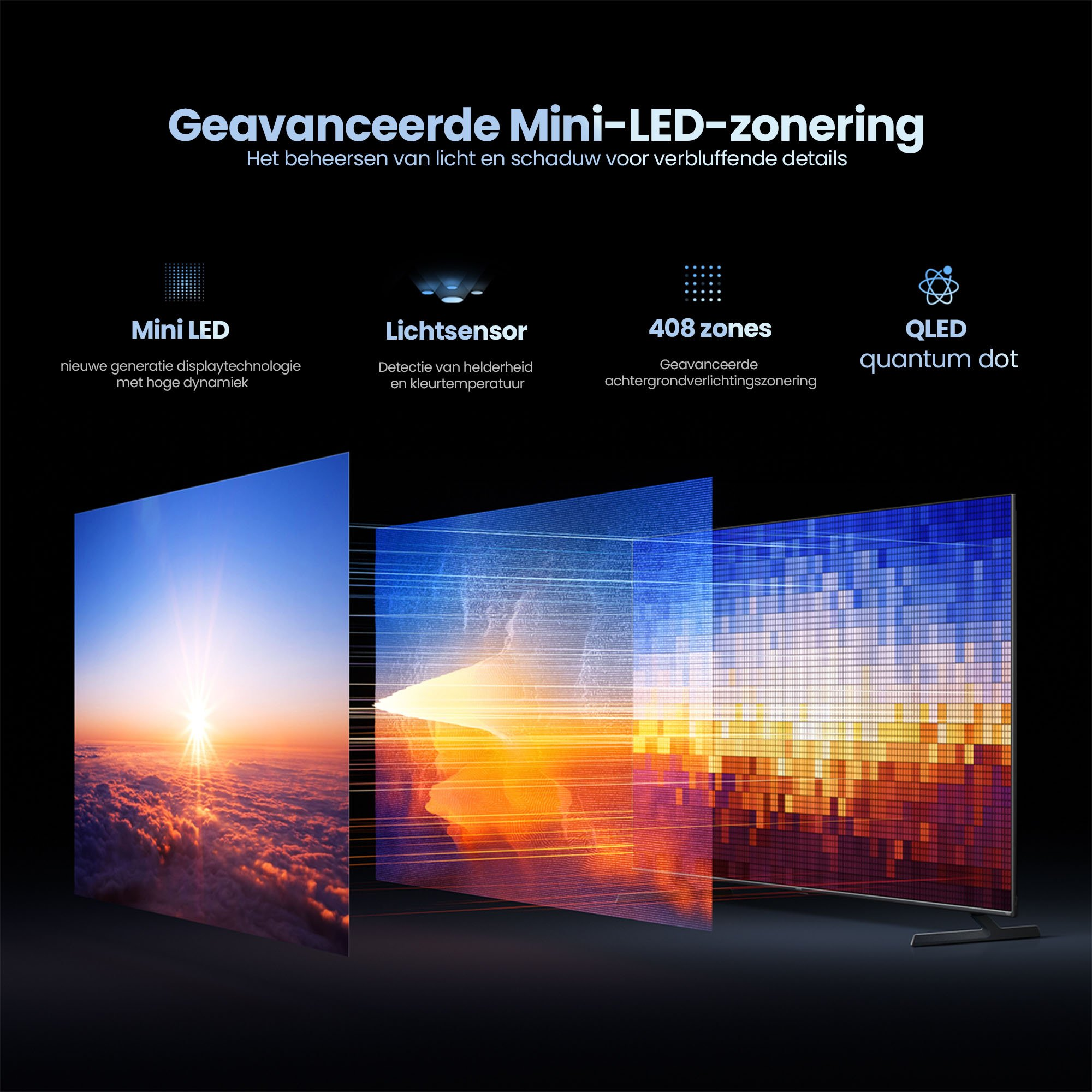 Zonizzazione Mini-LED avanzata con 408 zone, sensore di luce e Quantum Dot QLED.