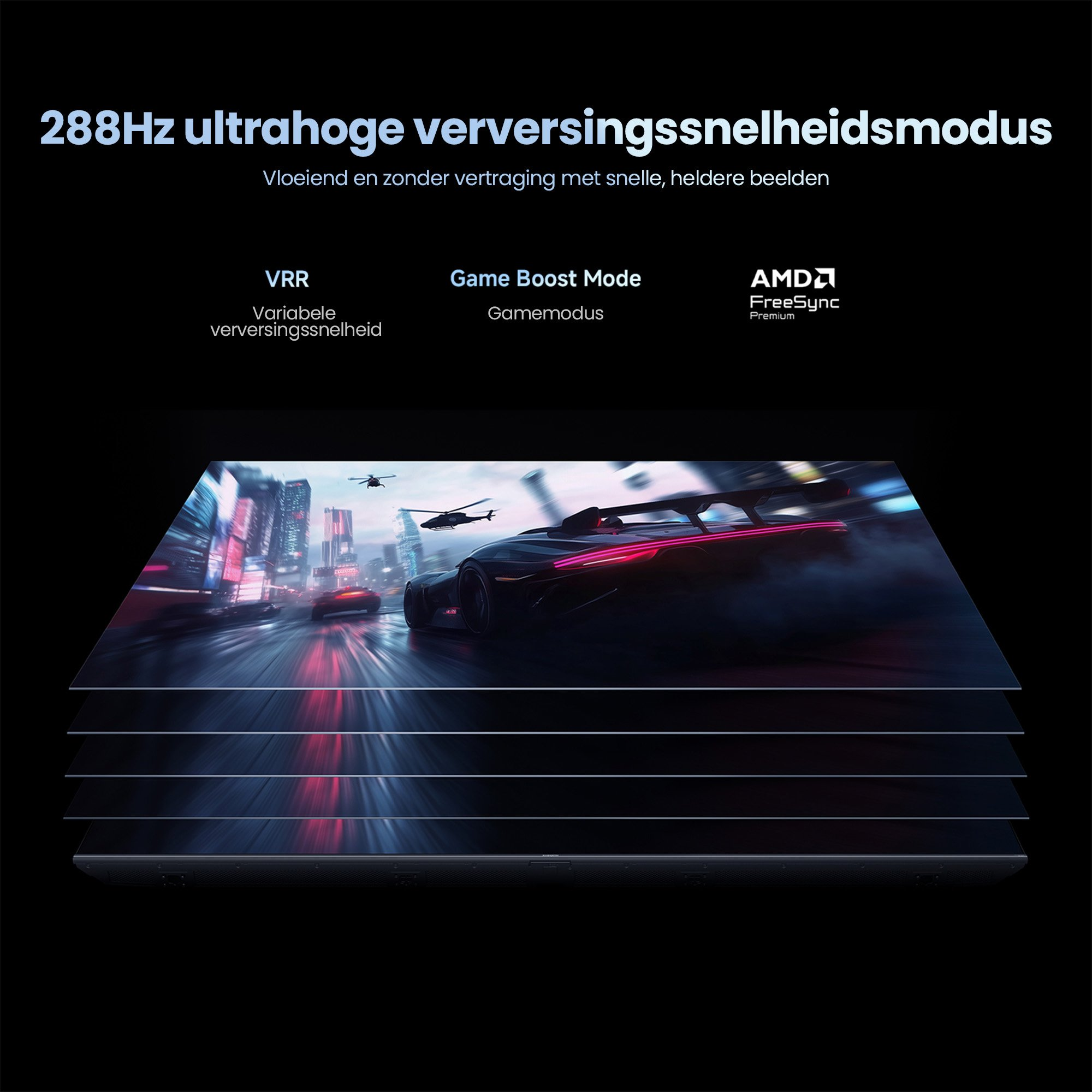 Gioco di corse su un monitor con 288Hz, VRR, Game Boost Mode e AMD FreeSync.
