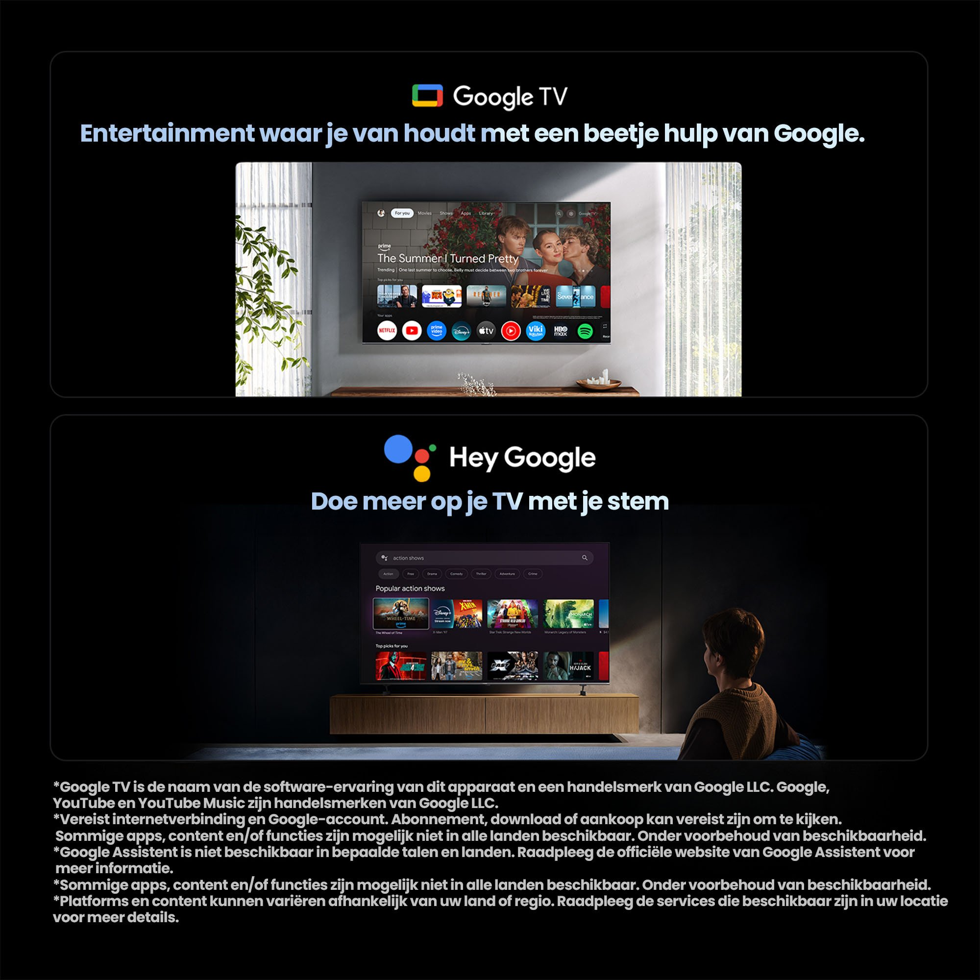 Google TV con intrattenimento e Assistente Google. Una TV mostra film e app.