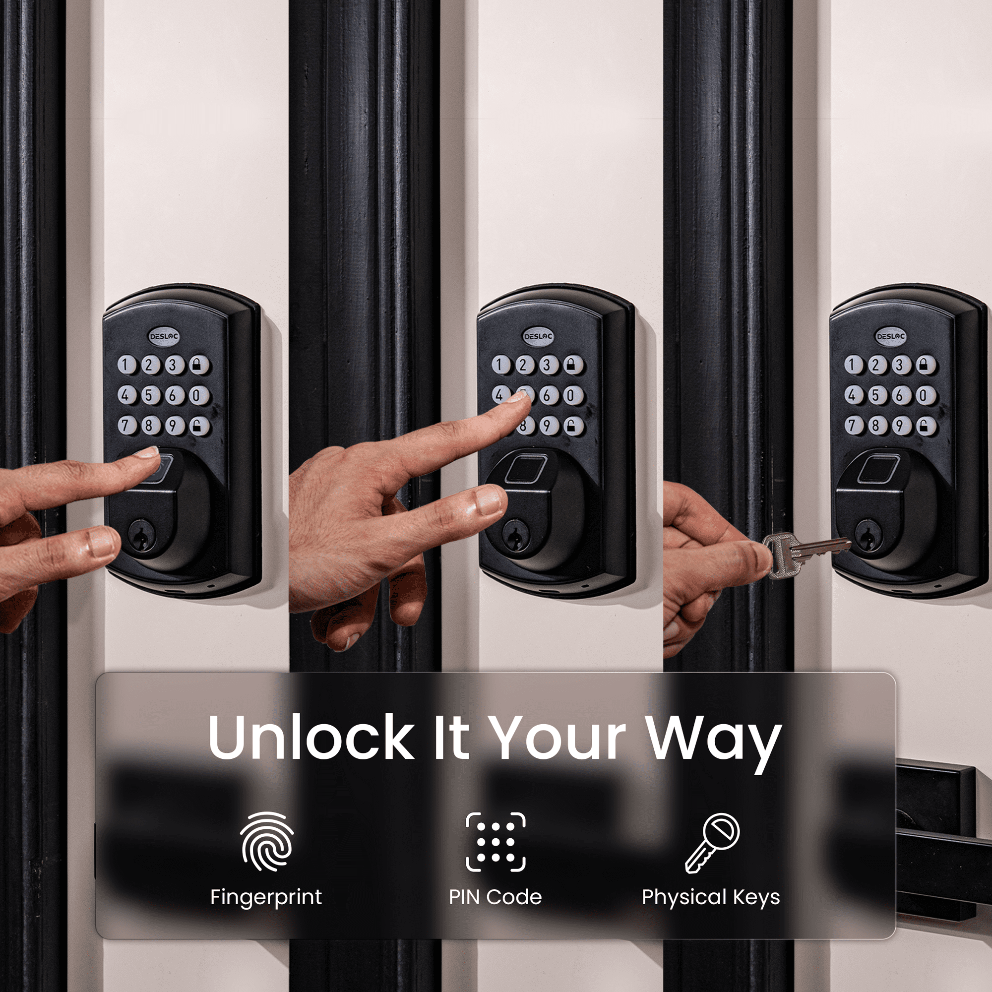 Drei Smart-Schlösser gezeigt. Eines mit Fingerabdruck, eines mit PIN, eines mit Schlüssel.