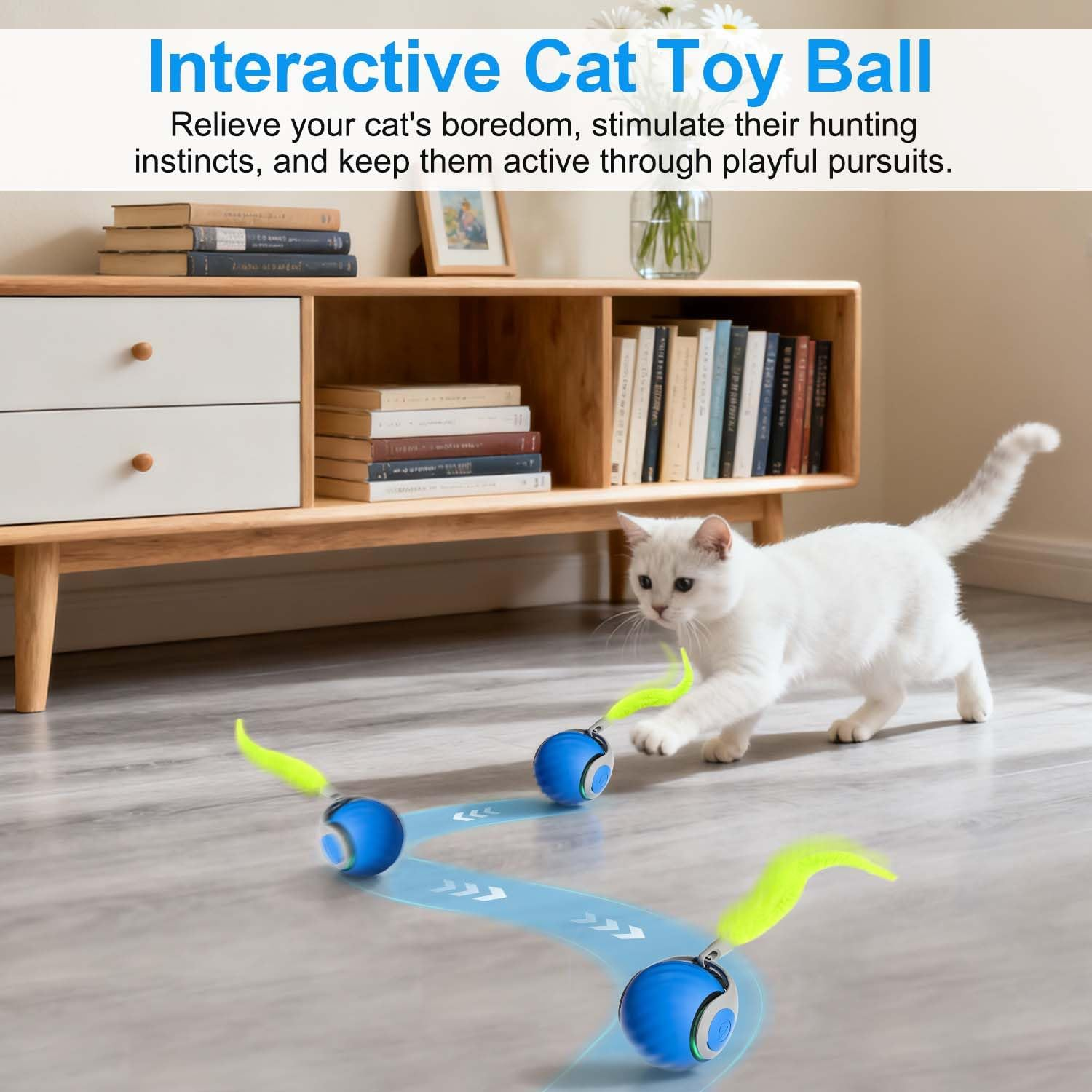 Weiße Katze spielt mit blauen interaktiven Spielzeugbällen auf Holzboden.