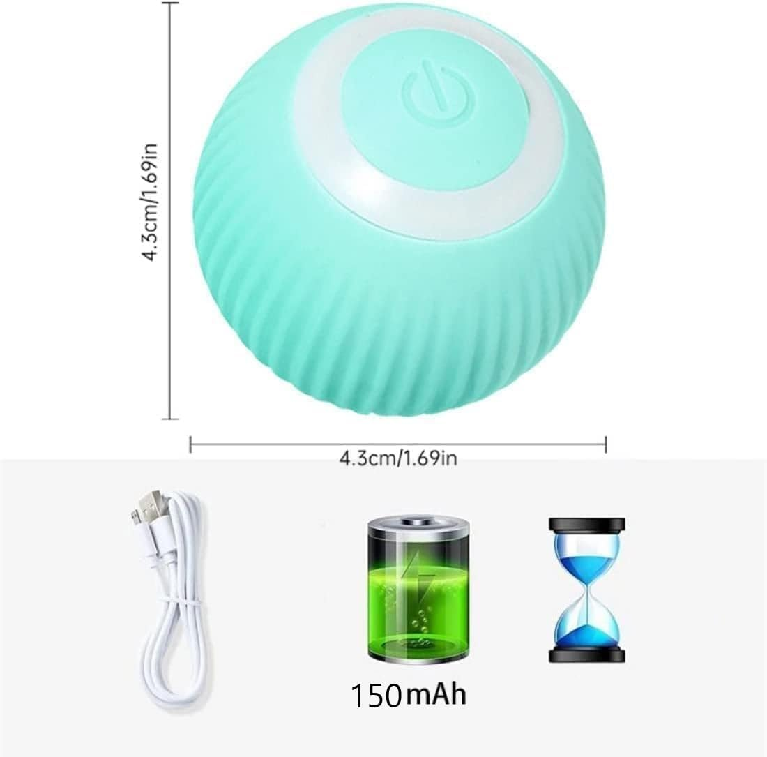 Ein türkisfarbener Ball mit Rillen, Ladekabel, Batterieanzeige und Sanduhr.