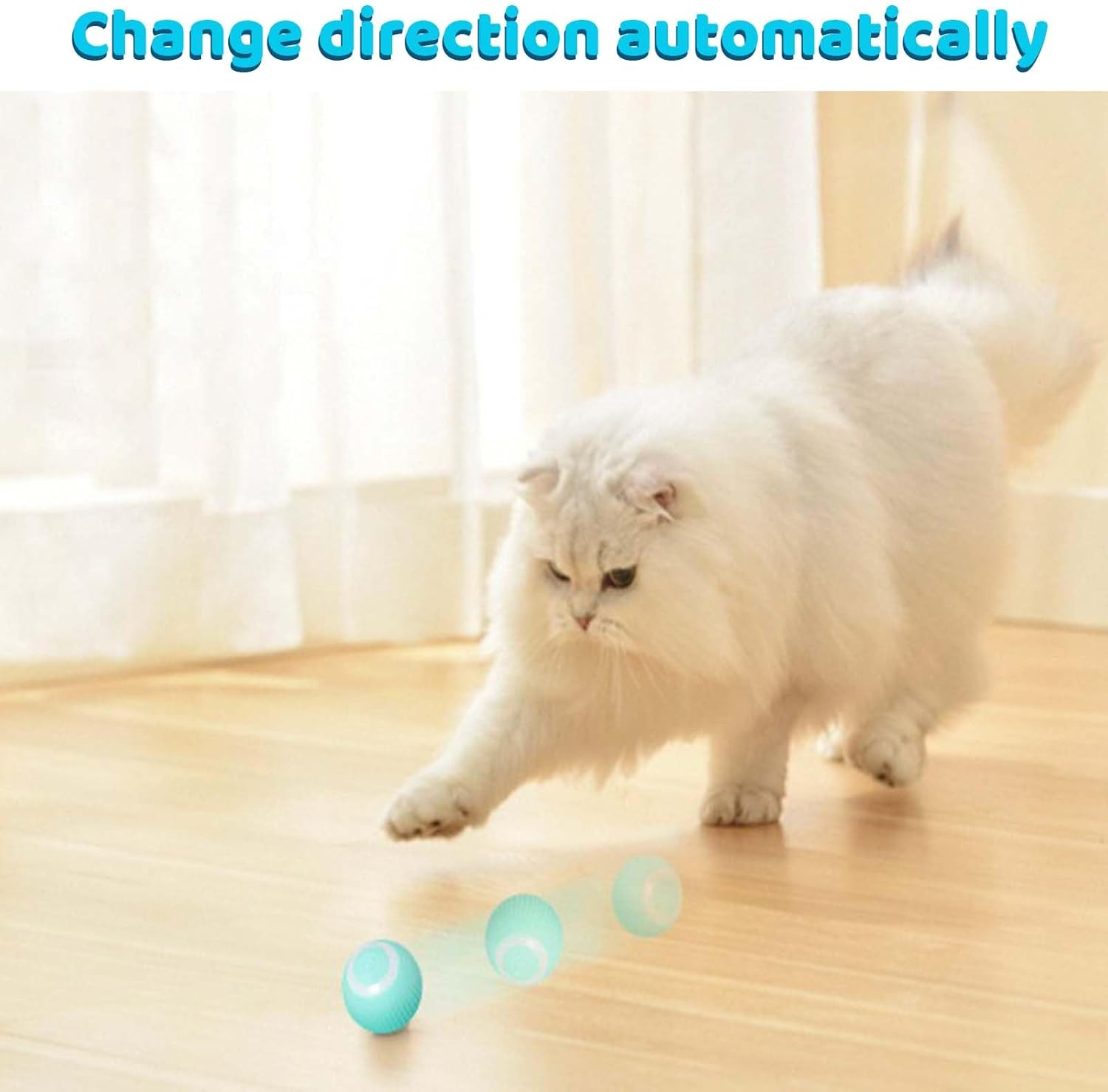 Eine weiße Katze spielt mit drei leuchtenden Kugeln auf einem Holzboden.