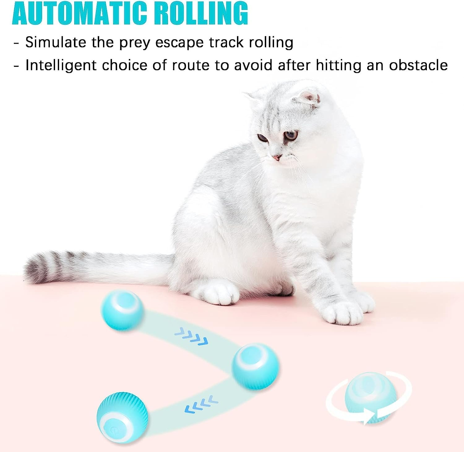 Eine silberne Katze sitzt neben rollenden blauen Bällen und einer Anzeige für automatische Fortbewegung.