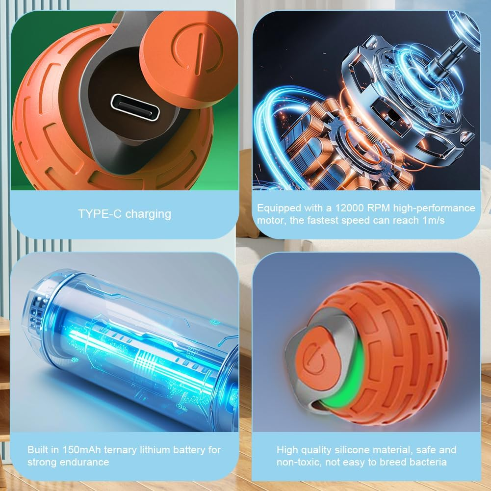 Orange Ball mit Typ-C-Ladeanschluss, Motor, Batterie und Silikonmaterial.